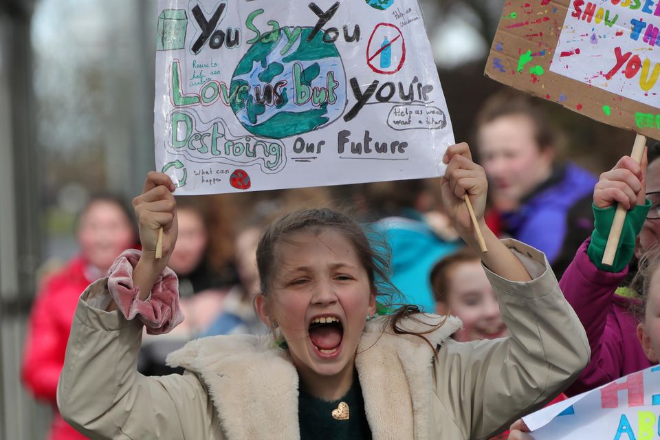 Students from Glasnevin Educate Together National School at a protest strike. Photo: Collins