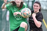 thumbnail: Carnew FC's Lara Murphy challenges Sinead Caffery of Wicklow Rovers during the Divisional Shield final at Gorey Rangers grounds on Sunday. 
