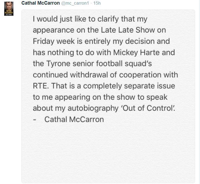 A tweet sent out by Cathal McCarron this week