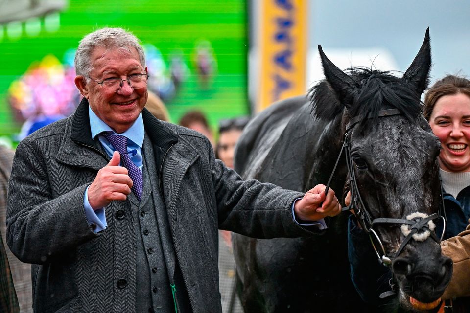 Owner Alex Ferguson celebrates with Monmiral after victory in the Pertemps Handicap Hurdle on day three of the Cheltenham Festival. Photo: Harry Murphy/Sportsfile