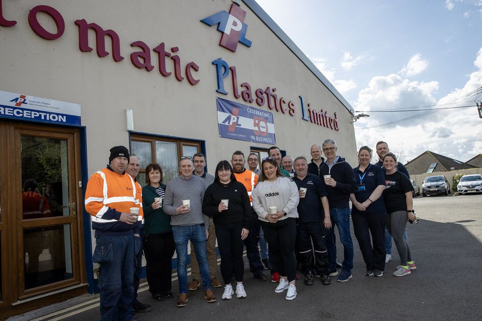 Staff from Automated Plastics Limited in Tinahely with MD Al Lawless (fourth from right) and local Fine Gael candidate, Peter Stapleton (fifth from right) at a coffee morning in aid of Arklow Cancer Support. Photo: Joe Byrne