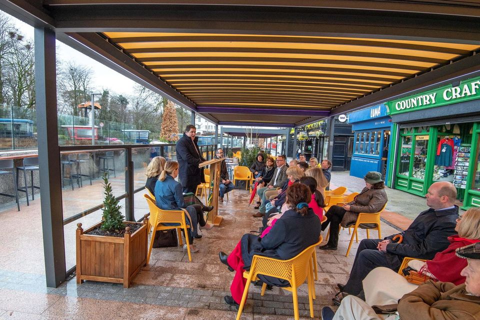 Cathaoirleach of the Killarney Municipal District, Cllr Niall Kelleher speaking at the official opening of the Killarney Outdoor Dining Infrastructure at Kenmare Place, Killarney on Wednesday. Photo by Don MacMonagle