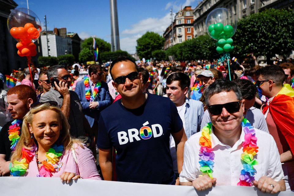 Taoiseach Leo Varadkar and Minister for Public Expenditure Paschal Donohoe attend the annual Pride parade in Dublin, Ireland, June 24, 2023. REUTERS/Clodagh Kilcoyne