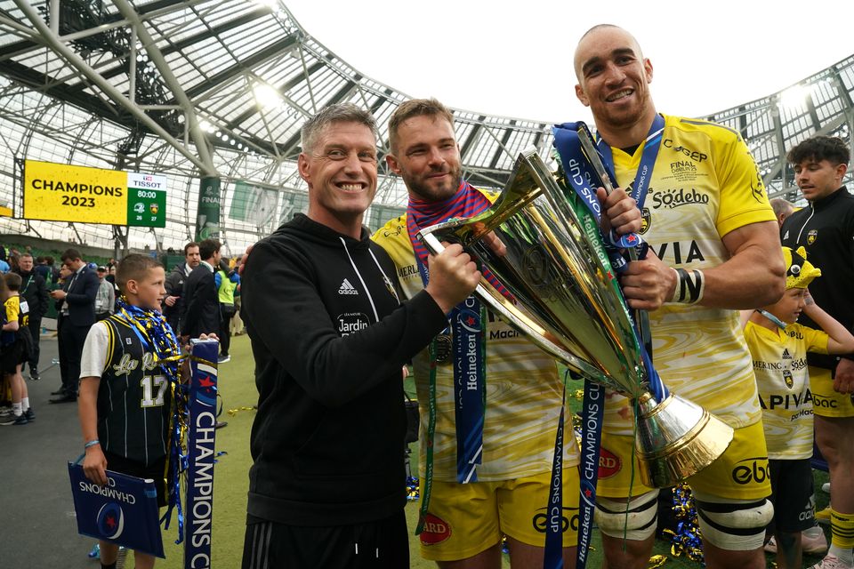 La Rochelle head coach Ronan O’Gara, left, celebrates his side’s Heineken Champions Cup triumph in Dublin (Brian Lawless/PA)