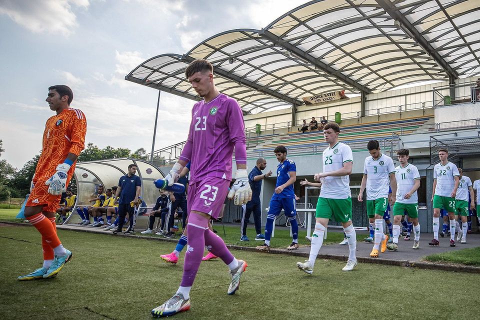 The Ireland U-21 team take to the pitch for the friendly against Kuwait.. Photo by Blaz Weindorfer/Sportsfile