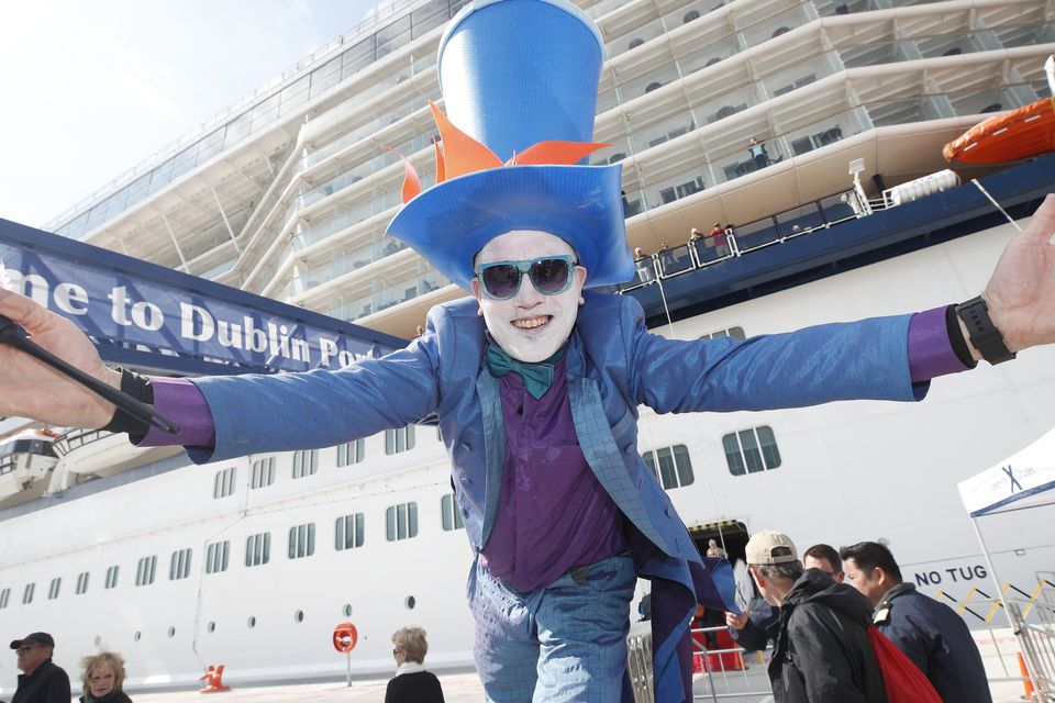 Pictured beside Celebrity Eclipse was VJ on stilts. The 2,850 guest Celebrity Eclipse has arrived in Dublin to become the first ever cruise ship to be based from the port. Picture Conor McCabe Photography.