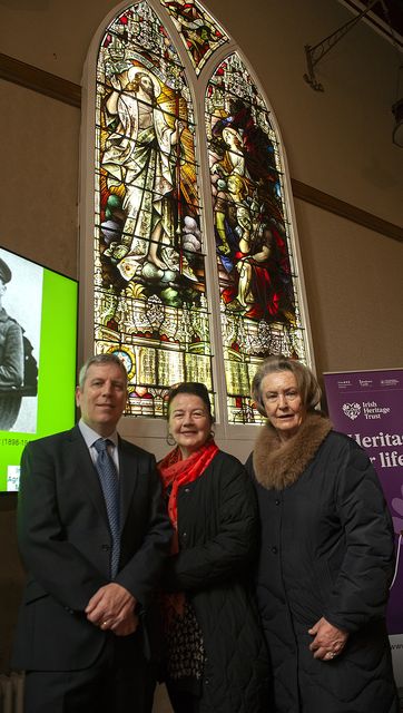 Matt Wheeler (General manager, Johnstown Castle), Claire McGrath (Chairperson Irish Heritage Trust) and Avril Doyle pictured during the unveiling of the restored Rathaspeck Church stained glass window in Johnstown Castle on Thursday. Pic: Jim Campbell