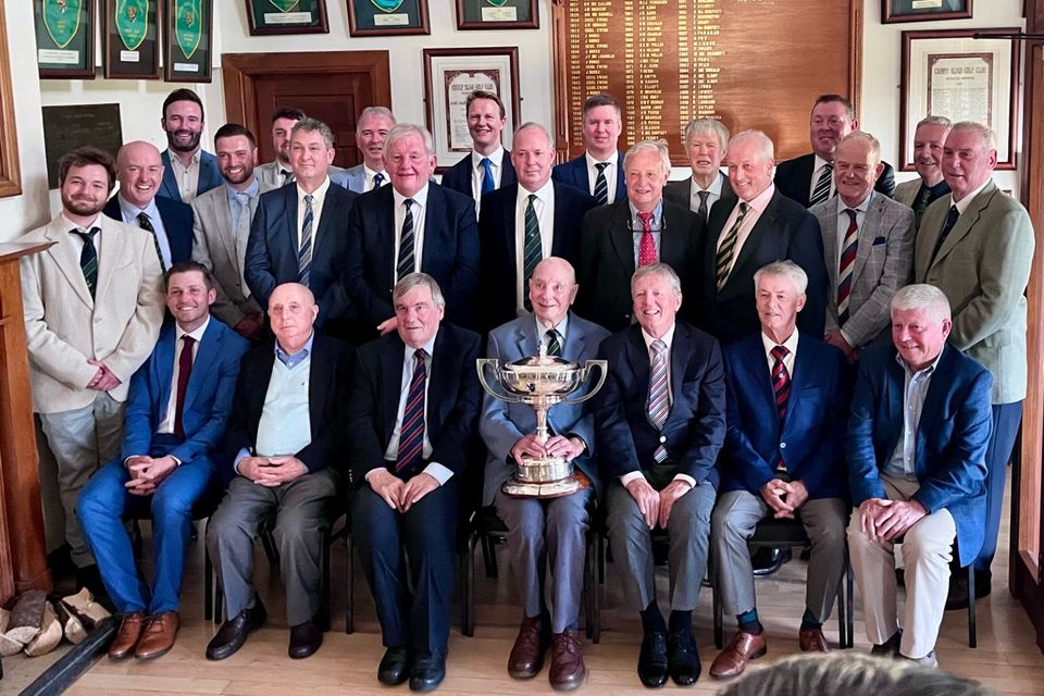 Some past West of Ireland champions pictured at last week’s Centenary West of Ireland celebration dinner at Co Sligo. Front row (l-r) Keith Egan (2024), Vincent Nevin (1972), David Nelson (1968), RM Craigan (1963, ‘65), Des Smyth (1973), Mark Gannon (1974), Padraig McInerney (1989). 
Middle row (l-r) Jack Hume (2014), Joe Lyons (2007), David Corsby (2009), David Long (1979), Noel McGrane (1987), Arthur Pierse (1980, ‘82), Niall Goulding (1990-91), Barry Reddan (1978), Garth McGimpsey (1984, ‘88, ‘93, ‘96).
Back row (l-r) Barry Anderson (2017), Paul Cutler (2011), Stuart Paul (2002), Mark Ryan (2003), Michael McDermott (2001), Declan Branigan (1976, ‘81), Rory Leonard (2010) and Ken Kearney (1992). Jonathan Yates (2016) was also present on the day.