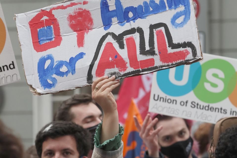 People take part in a Winter of Housing Discontent protest will take place outside Leinster House, Dublin. Picture date: Wednesday September 15, 2021.