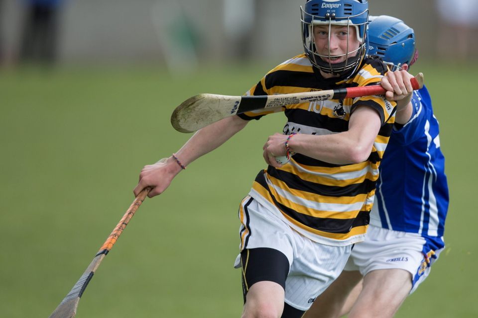 Dylan de Buitleir of Colaiste Eoin & William McDonnell of Colaiste Eanna in the Dublin Juvenile A Hurling Final: Colaiste Eoin v Colaiste Eanna at O'Toole Park. 29/4/2015 
Picture by Fergal Phillips.