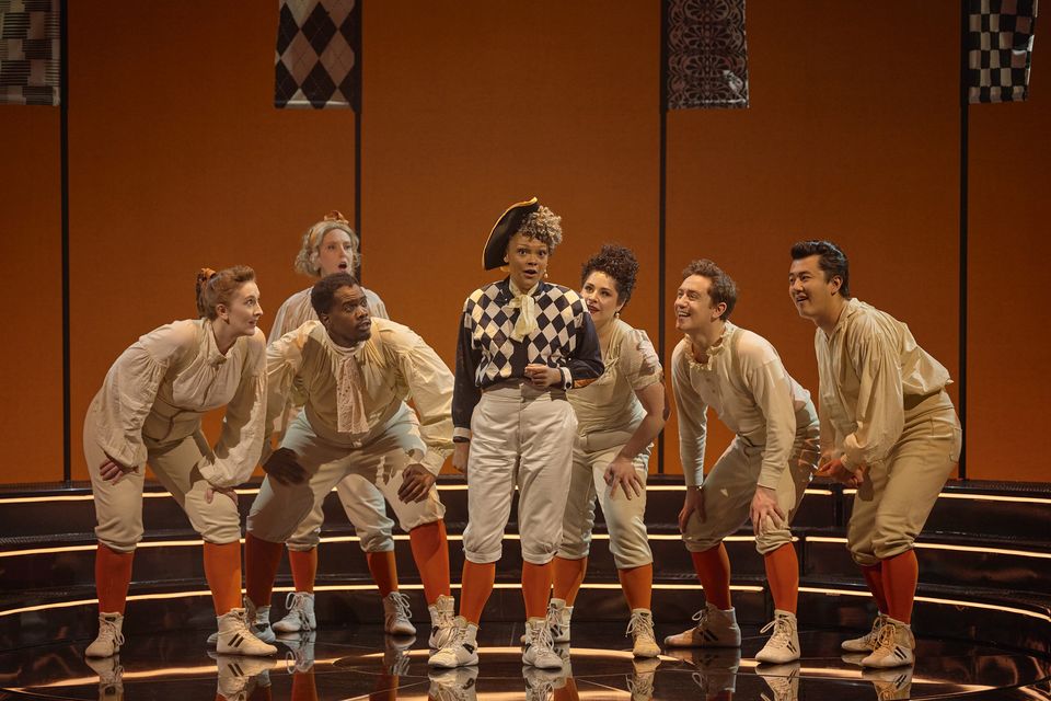 Rachel Redmond (centre), Gemma Ní Bhriain, Chuma Sijeqa, Sarah Richmond, Alexandra Urquiola, Seán Boylan and Meili Li in L'Olimpiade. Photo: Ros Kavanagh