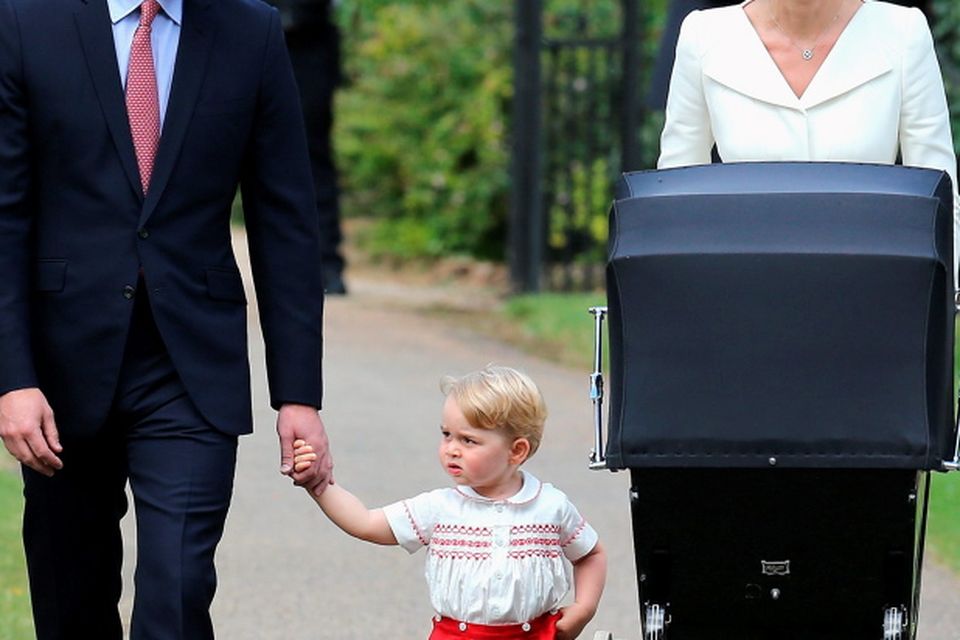 Catherine, Duchess of Cambridge, Prince William, Duke of Cambridge, Princess Charlotte of Cambridge and Prince George of Cambridge arrive at the Church of St Mary Magdalene on the Sandringham Estate for the Christening of Princess Charlotte of Cambridge on July 5, 2015 in King's Lynn, England.  (Photo by Chris Jackson - WPA Pool/Getty Images)