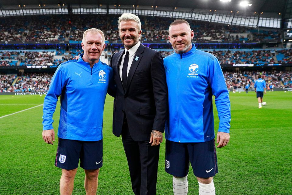 Paul Scholes with former team-mates David Beckham and Wayne Rooney during the Soccer Aid for UNICEF. Photo: PA/Reuters