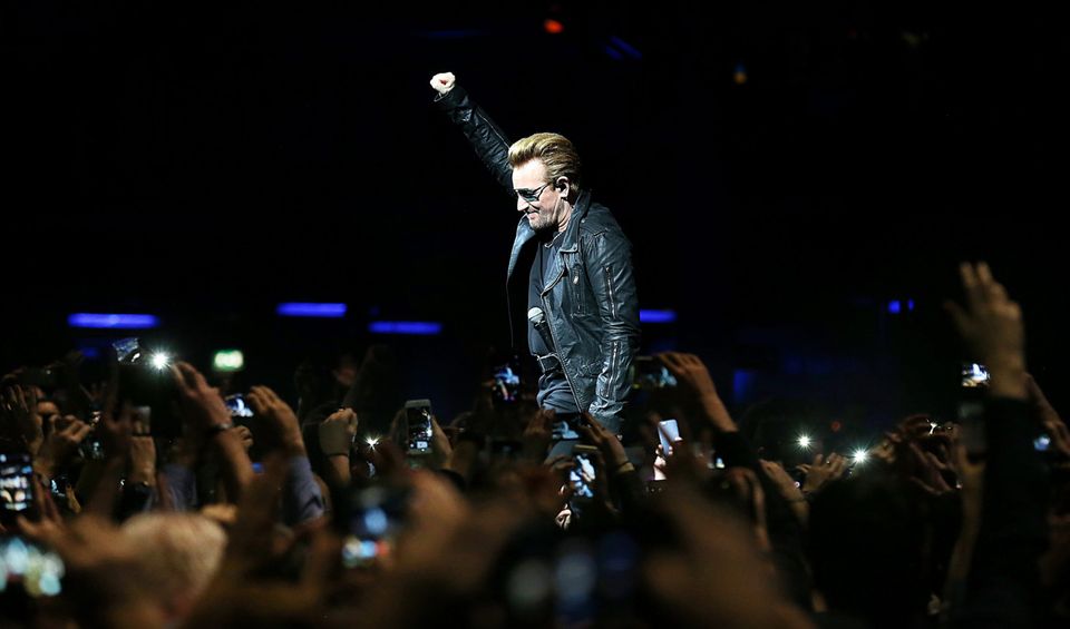 Bono on stage at the 3Arena last night. Photo: Steve Humphreys
