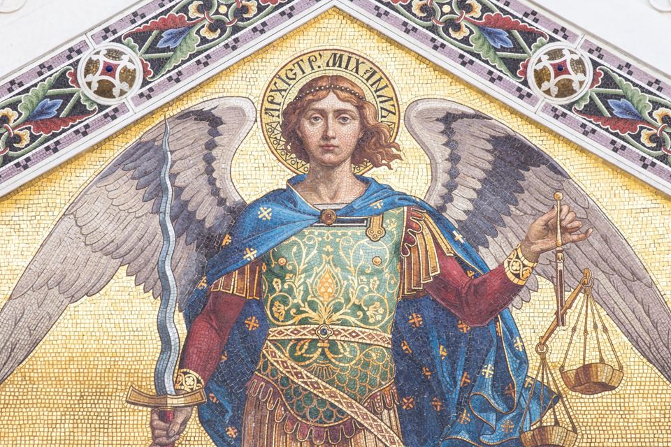 Mosaic of Saint Michael on the facade of the Serbian Orthodox Church in Trieste