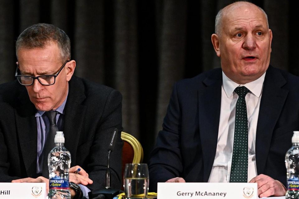 FAI chief executive Jonathan Hill (left) with president Gerry McAnaney, who have both condemnd the racist abuse of players. Photo: Eóin Noonan/Sportsfile.