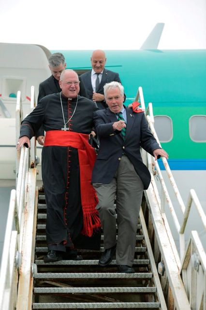 09/08/2015 Cardinal TImothy Dolan, Archbishop of New York and  Brian O'Dwyer, International Chairman of Ireland West Airport Knock arriving on the Aer Lingus flight carrying pilgrims from New York to Knock Shrine. Photo : Keith Heneghan / Phocus