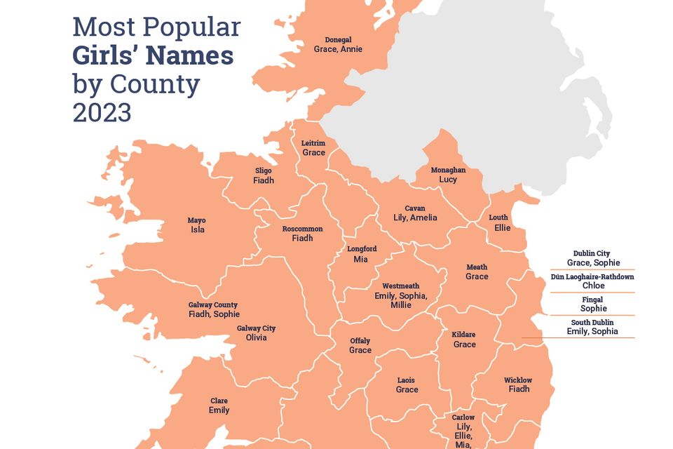The most popular girls' names by county in 2023. Image: CSO