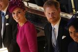 thumbnail: Britain's Prince William, Duke of Cambridge (L) Britain's Catherine, Duchess of Cambridge (2L), Britain's Prince Harry, Duke of Sussex and Meghan, Duchess of Sussex react during the wedding ceremony of Britain's Princess Eugenie of York and Jack Brooksbank at St George's Chapel, Windsor Castle, in Windsor, on October 12, 2018. (Photo by Owen Humphreys / POOL / AFP)        (Photo credit should read OWEN HUMPHREYS/AFP/Getty Images)