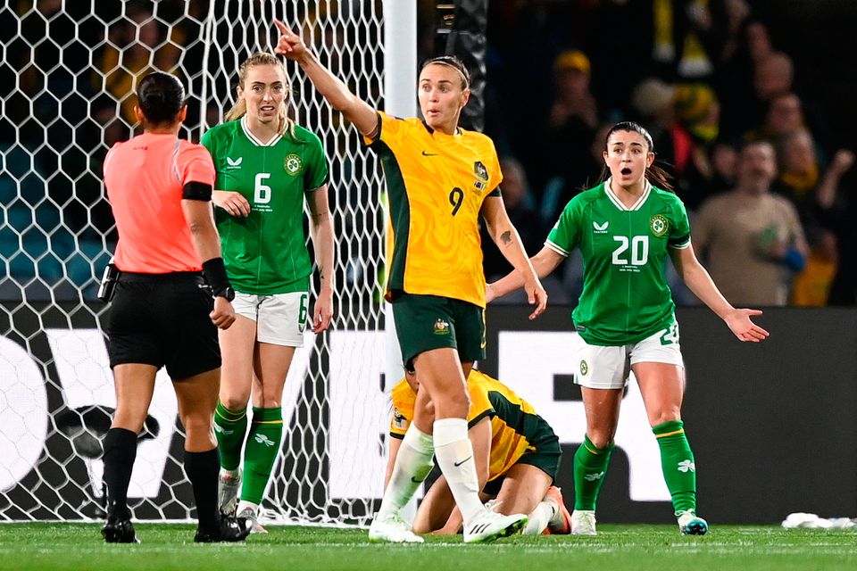 Ireland's Marissa Sheva reacts after conceding a penalty during the Women's World Cup 2023 Group B match against Australia at Stadium Australia in Sydney, Australia. Photo by Stephen McCarthy/Sportsfile