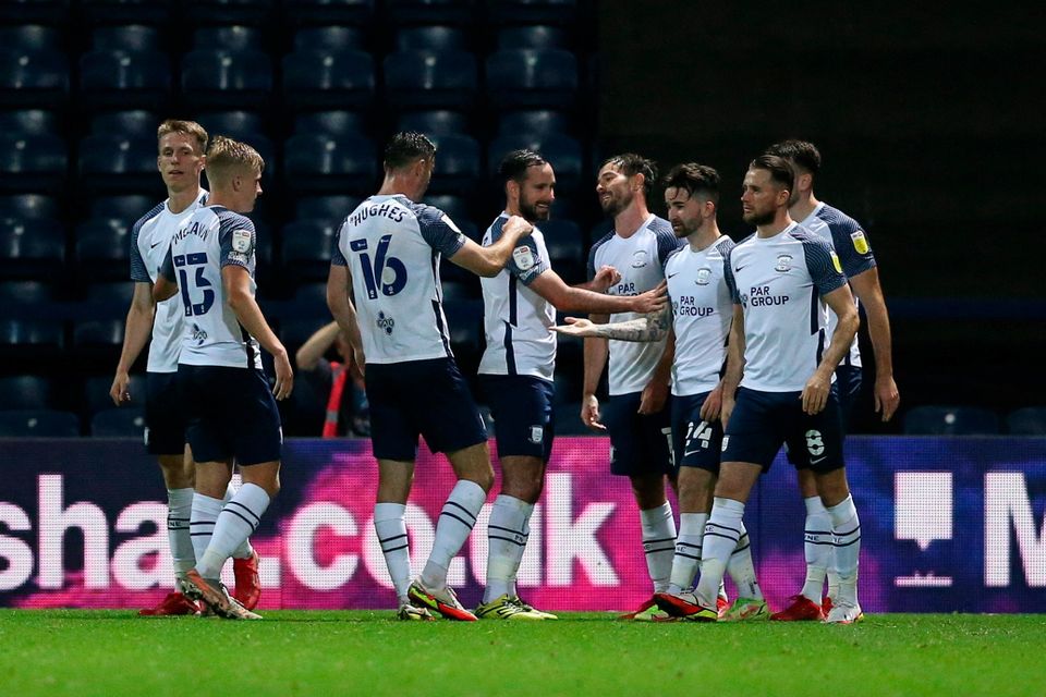 PRESTON, ENGLAND - SEPTEMBER 21: Sean Maguire of Preston North End celebrates with team mates after scoring their side's third goal during the Carabao Cup Third Round match between Preston North End and Cheltenham Town at Deepdale Stadium on September 21, 2021 in Preston, England. (Photo by Charlotte Tattersall/Getty Images)