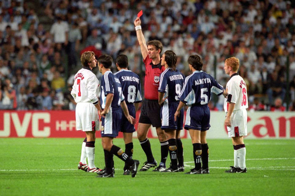 David Beckham was sent off for kicking out at Argentina’s Diego Simeone as England were eliminated from the 1998 World Cup, losing on penalties following a 2-2 draw. (Adam Butler/PA).