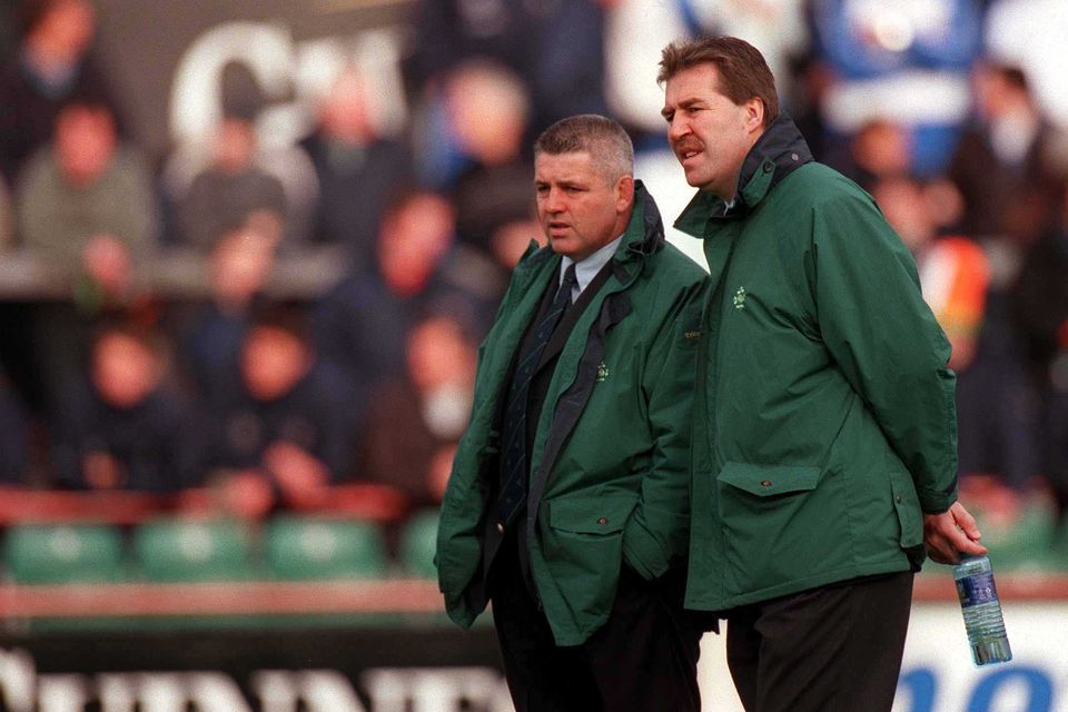 4 March 2000; Ireland head coach Warren Gatland, left, and Ireland manager Donal Lenihan prior to the Lloyds TSB 6 Nations match between Ireland and Italy at Lansdowne Road in Dublin. Photo by Damien Eagers/Sportsfile