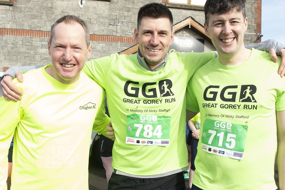 John O'Brien, Matt Wood and Tom O'Donoghue at the Great Gorey Run in memory of Nicky Stafford on Sunday morning. Pic: Jim Campbell