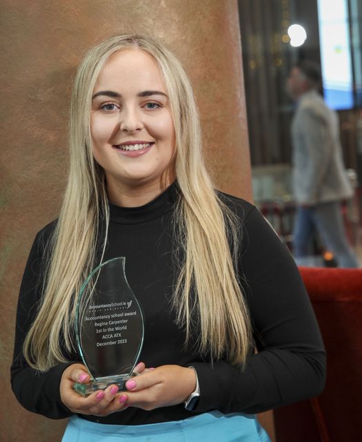 Baltinglass resident and Accountancy School student Regina Carpenter celebrates finishing first in the world in her ACCA exam at a recent ceremony in Dublin.
