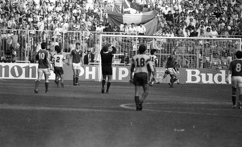 Republic of Ireland v Romania, Stadio Luigi Farraris, World Cup, Italia 90. Packie Bonner, penalty. The score was  Republic of Ireland 0 -  Romania 0, 5-4 penalties. A Bonner save from Daniel Timofte in the shootout sent the Irish team through to the quarter-final. 25/6/1990 INDO PIC (Part of the NPA and Independent Newspapers) 
Soccer