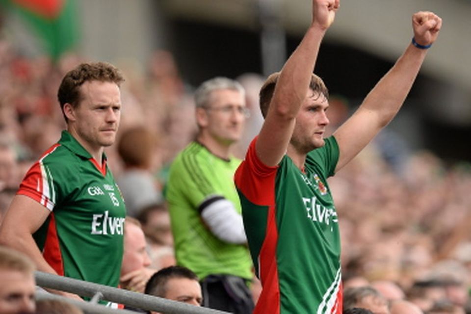 Mayo's Aidan O'Shea and Andy Moran greet the final whistle