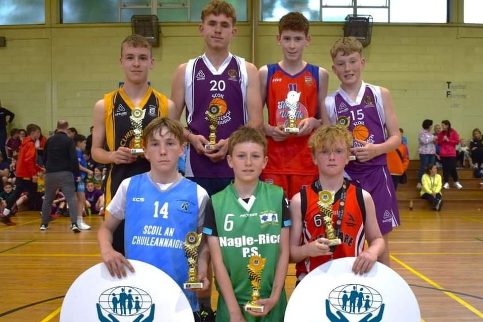 The Primary Schools Super Sevens All Star boys basketball teams. Front, from left: James Rooney (Cullina), Mikey Cooper (Nagle Rice Milltown) and Aidan Lehane (St Johns Kenmare). Back row: Kevin Brosnan (Currow), Fionn Brown (Scartaglen), Dara O'Sullivan (Knockanes, Glenflesk) and Connie O'Connor (Scartaglen)