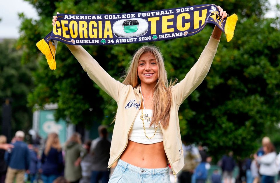 Georgia Tech fan Makena Thomas attends the Georgia Tech Helluva Block Party Pep Rally in Merrion Square, Dublin, as part of the build up to Saturday’s Aer Lingus College Football Classic, US College football match in Dublin. Photo: Brian Lawless/PA Wire