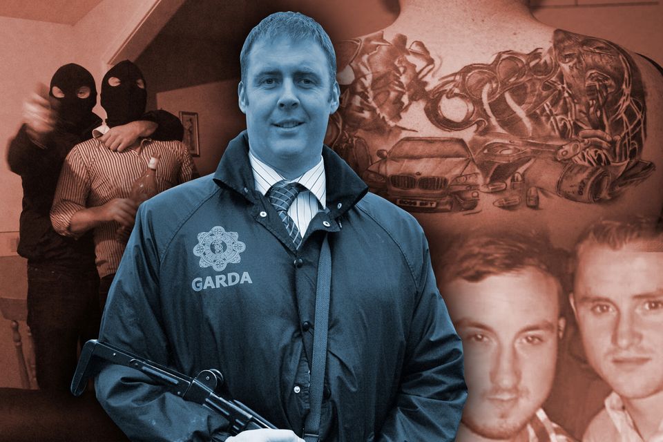 Detective Garda Aidan Donohoe and (clockwise from right) James Flynn and Aaron Brady in masks, a tattoo on Brendan Treanor’s back with images linked to the robbery; Brady and Flynn. Montage by Shane McIntyre