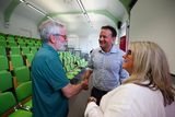 thumbnail: Former Taoiseach Leo Varadkar shakes hands with former Sinn Féin president Gerry Adams (left) as Rev Karen Sethuraman looks on at St Mary’s University College, Belfast. Photo: PA