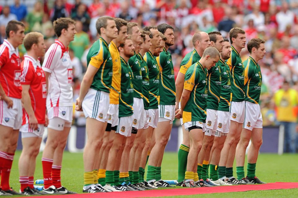 The Meath and Louth teams line up before the 2010 Leinster football final at Croke Park. Photo by Sportsfile