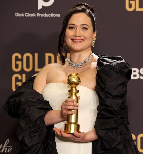 Lily Gladstone poses with the award for Best Performance by a Female Actor in a Motion Picture Drama for "Killers of the Flower Moon" at the 81st Annual Golden Globe Awards in Beverly Hills, California, U.S., January 7, 2024. REUTERS/Mario Anzuoni