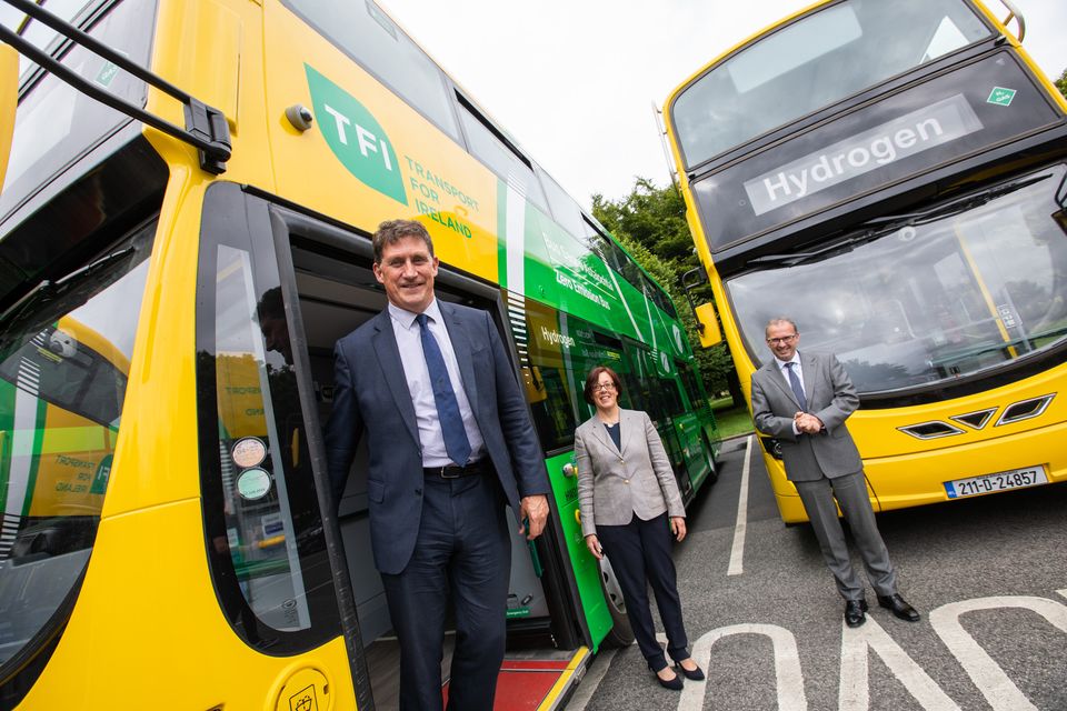 Eamon Ryan at the launch of hydrogen-powered zero emissions buses (Naoise Culhane/PA)