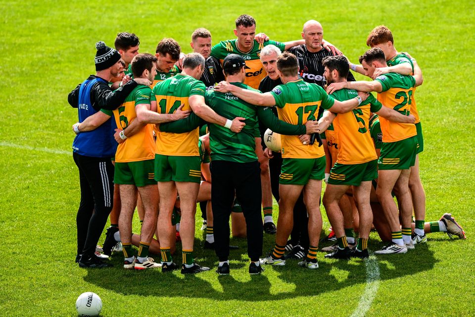 Donegal manager Jim McGuinness speaks to his team before the All-Ireland SFC preliminary quarter-final win over Louth at MacCumhaill Park in Ballybofey, Donegal. Photo: Ramsey Cardy/Sportsfile