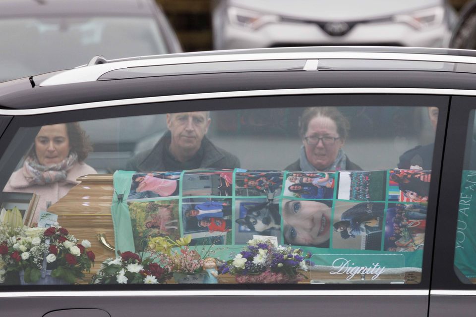 The hearse arrives at the funeral of Saoírse Ruane at St Peter and Paul’s Church, Kiltullagh, Co Galway on Sunday. Photograph by Eamon Ward Press Association