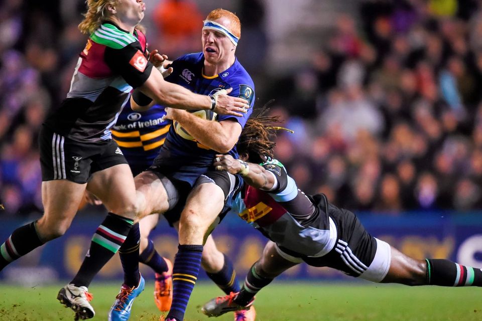 Leinster's Darragh Fanning is tackled by Harlequins duo Matt Hooper and Marland Yarde during their European Rugby Champions Cup clash at Twickenham Stoop. Photo: Stephen McCarthy / SPORTSFILE