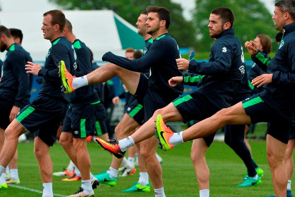 Republic of Ireland players, from left, Glenn Whelan, Shane Long, Robbie Brady and Jonathan Walters during squad training in the National Sports Campus, Abbotstown, Dublin. Photo by David Maher/Sportsfile