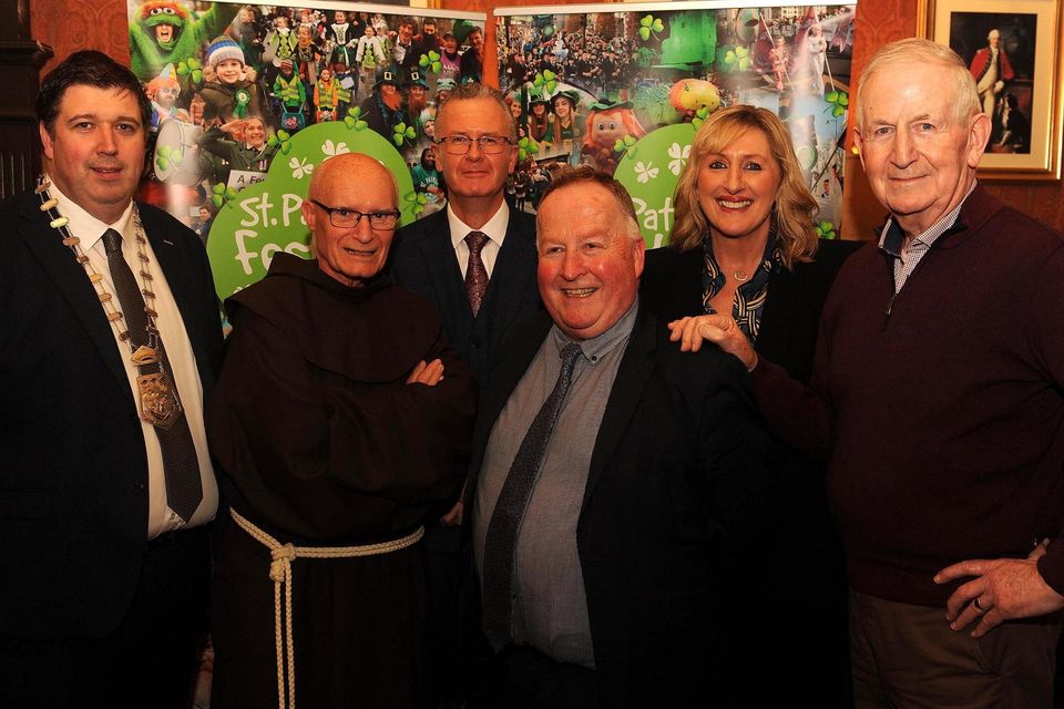 Cllr Niall Kelleher, Mayor of Killarney, Br Pat Lynch OFM Franciscan Friary Guardian, (Parade Judge), PJ McGee, Daly's SuperValu, sponsor, St. Patrick's Festival Killarney Chairman Paul Sherry, Bridget O'Keeffe (Killarney Chamber of Tourism and Commerce Senior Executive) and Cathal Walshe, Grand Marshal, at the St. Patrick's Festival Killarney parade prizegiving function in The International Hotel on Tuesday night. Picture: Eamonn Keogh