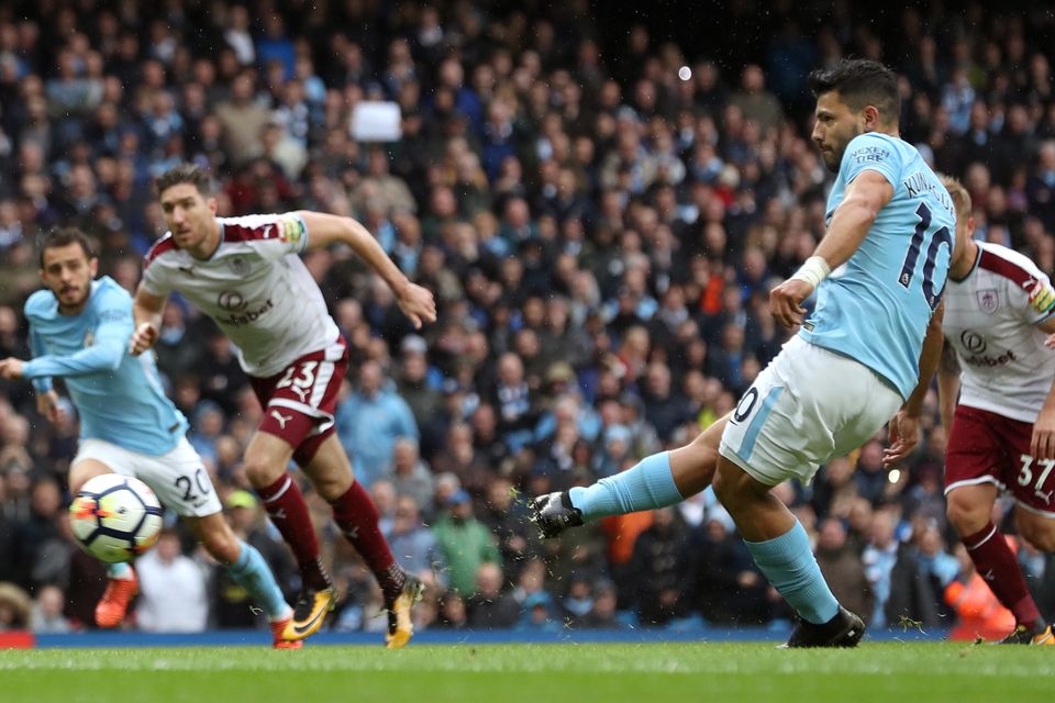 Sergio Aguero scored a record-equalling 177th goal for Manchester City in their 3-0 win over Burnley