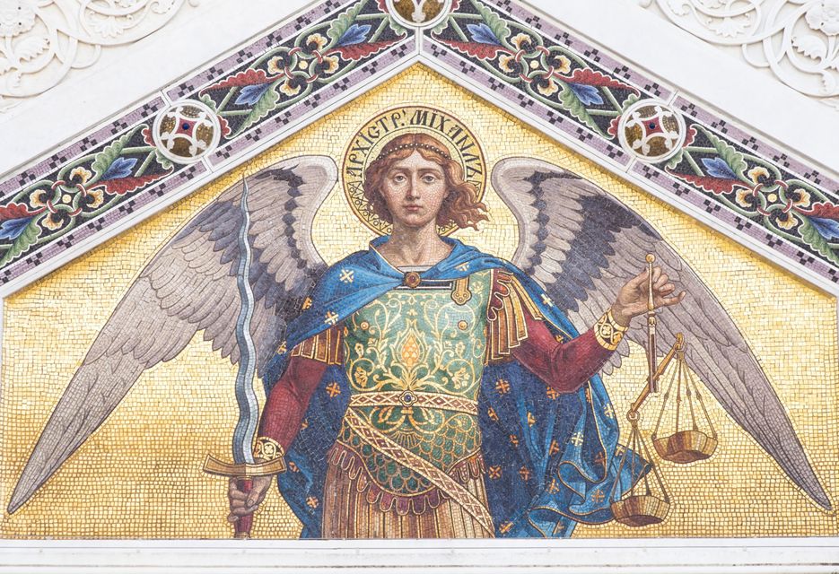 Mosaic of Saint Michael on the facade of the Serbian Orthodox Church in Trieste
