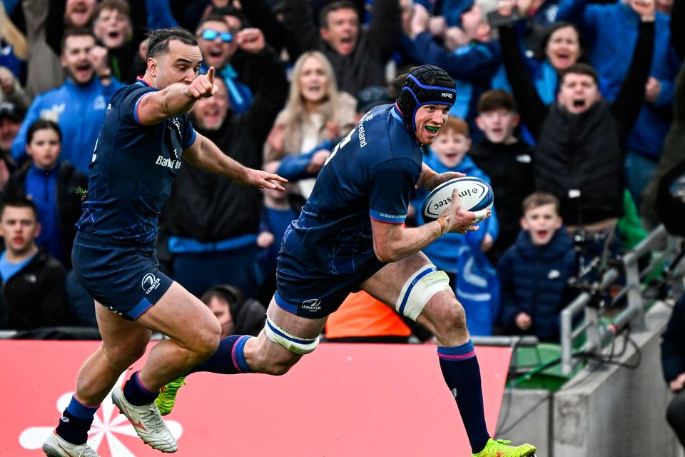 Ryan Baird of Leinster celebrates with teammate James Lowe on his way to scoring his side's third try during the Investec Champions Cup quarter-final match between Leinster and La Rochelle at the Aviva Stadium in Dublin. Photo by Harry Murphy/Sportsfile