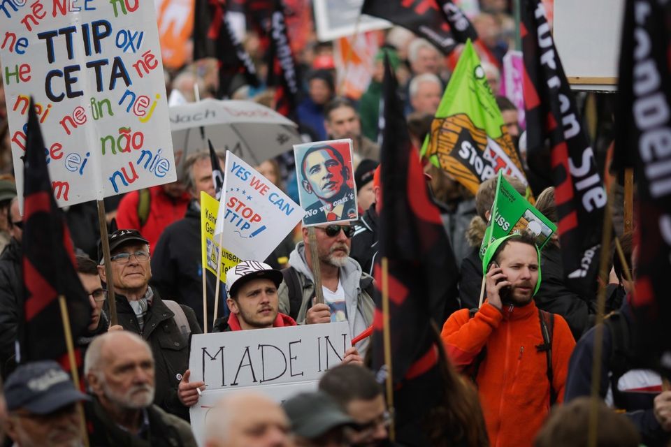 Thousands of demonstrators protest against the planned Transatlantic Trade and Investment Partnership in Hannover. Photo: AP