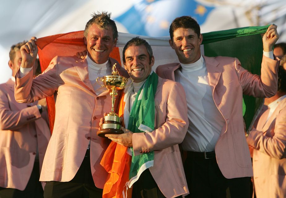 Left to right, Darren Clarke, Paul McGinley and Pádraig Harrington celebrate Europe's 2006 Ryder Cup victory (PA)