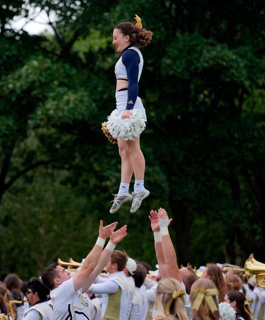 Georgia Tech cheerleaders performing at the Georgia Tech Helluva Block Party Pep Rally in Merrion Square, Dublin, as part of the build up to Saturday’s Aer Lingus College Football Classic, US College football match in Dublin. Photo: Brian Lawless/PA Wire