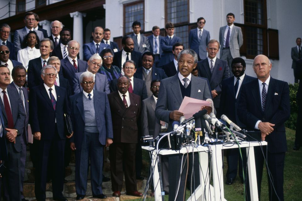 Nelson Mandela and South Africa president FW de Klerk after the first talks between the government and the ANC in 1990. Photo: Getty